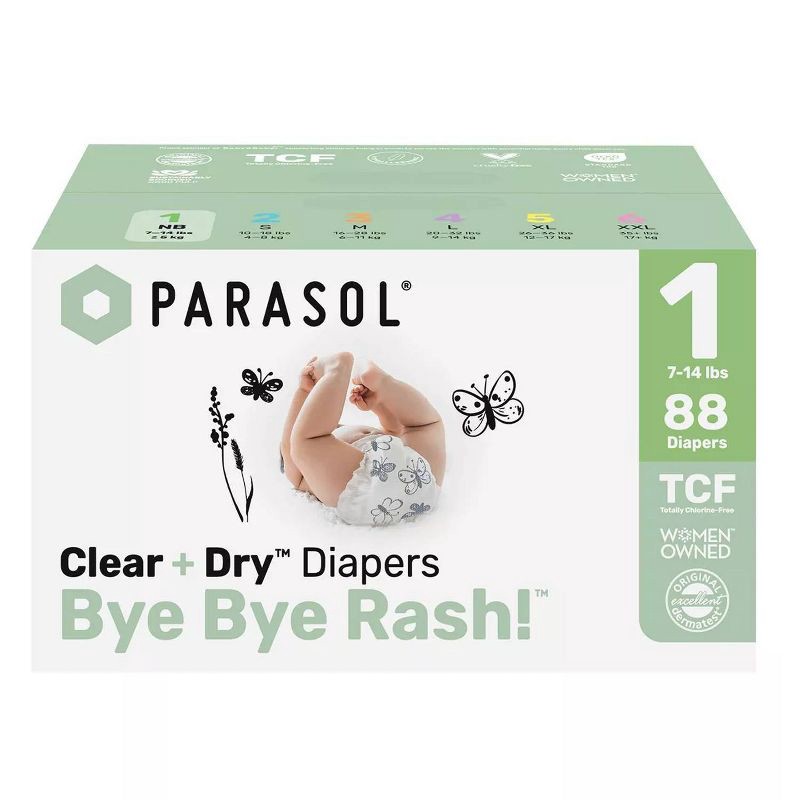 slide 1 of 10, Parasol Chlorine-Free Diapers with RashShield Protection - Size 1 - 88ct, 1 x 88 ct