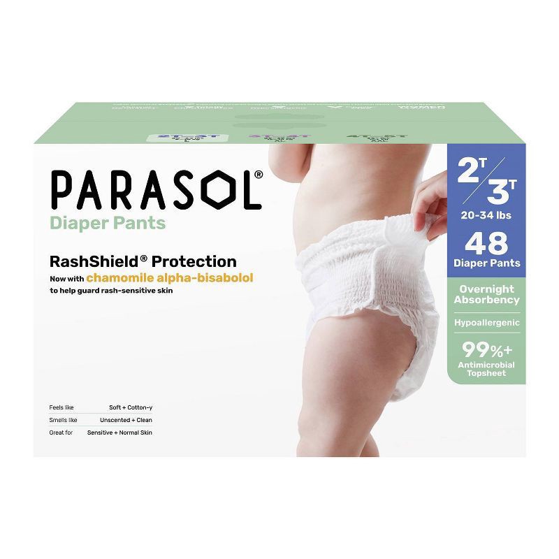 slide 1 of 11, Parasol Chlorine-Free Diaper Pants (Pull-On Style) with RashShield Protection - 2T-3T: Hypoallergenic, Latex-Free, 48-Pack, 48 ct