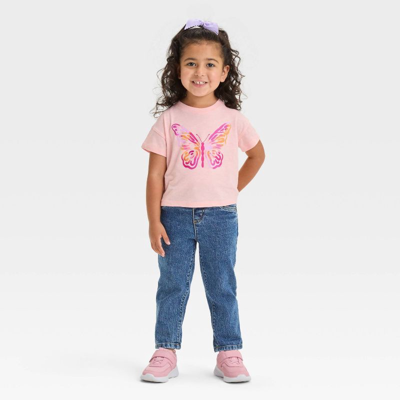 slide 3 of 3, Toddler Girls' Paperbag Denim Pants - Cat & Jack™ Dark Wash 18M: Relaxed Fit, Mid-Rise, Elastic Waistband, 1 ct