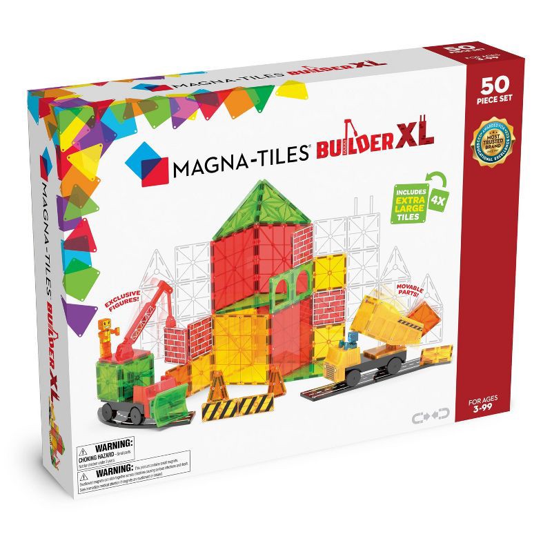 slide 1 of 7, MAGNA-TILES Builder XL Trucks: Educational Magnetic Building Set, 50 Pieces, Focus on Math & Engineering Skills, 50 ct