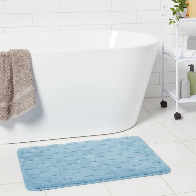 slide 2 of 4, 20"x30" Everyday Checked Cushion Bath Rug Quilt Blue - Room Essentials™, 1 ct