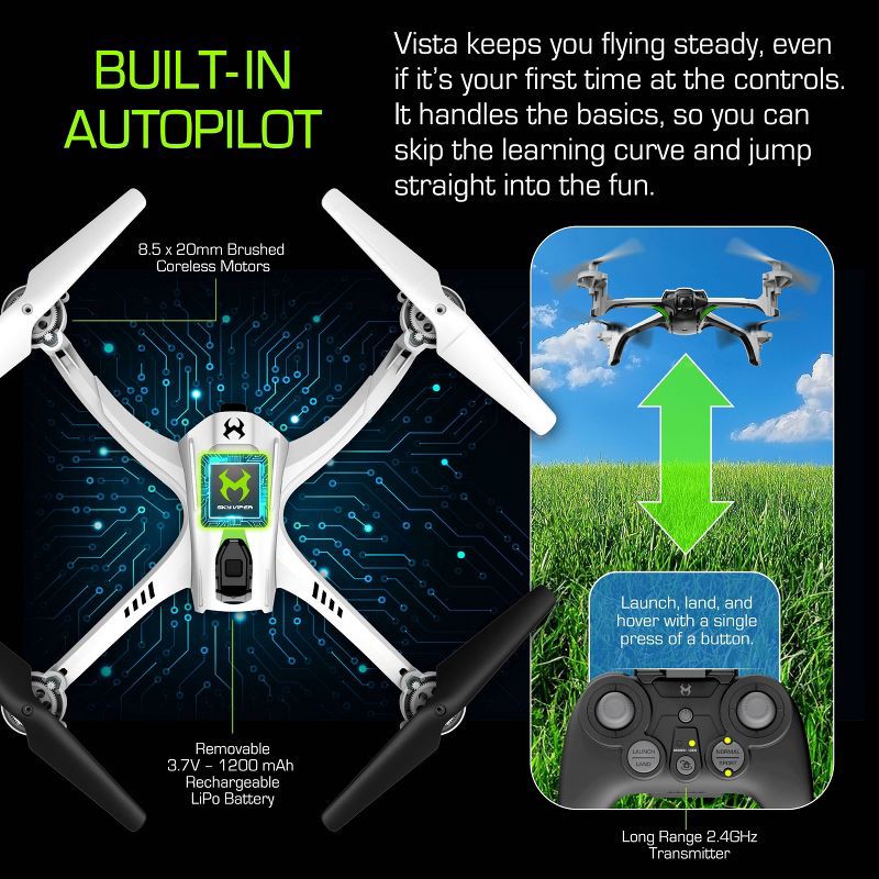 slide 4 of 8, Sky Viper Vista HD Video Drone: Built-In Camera, Remote Control, Bluetooth, Beginner Skill Level, 1 ct