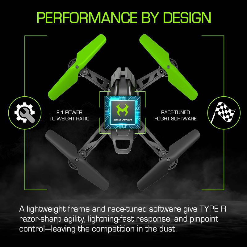 slide 3 of 8, Sky Viper Type-R Performance Racing Drone: Remote Control, Beginner Skill Level, USB-C Connection, Outdoor Use, 1 ct