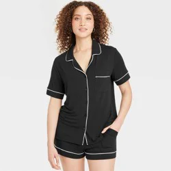 Women's Cloud Knit Modal Short Sleeve Notch Collar Top and Shorts Pajama Set - Auden™ Black XS: Modal Spandex Blend