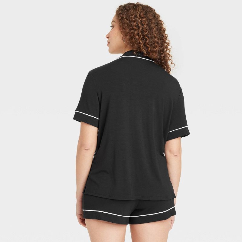 slide 2 of 5, Women's Cloud Knit Modal Short Sleeve Notch Collar Top and Shorts Pajama Set - Auden™ Black S: Modal-Spandex Blend, Elastic Waistband, 1 ct