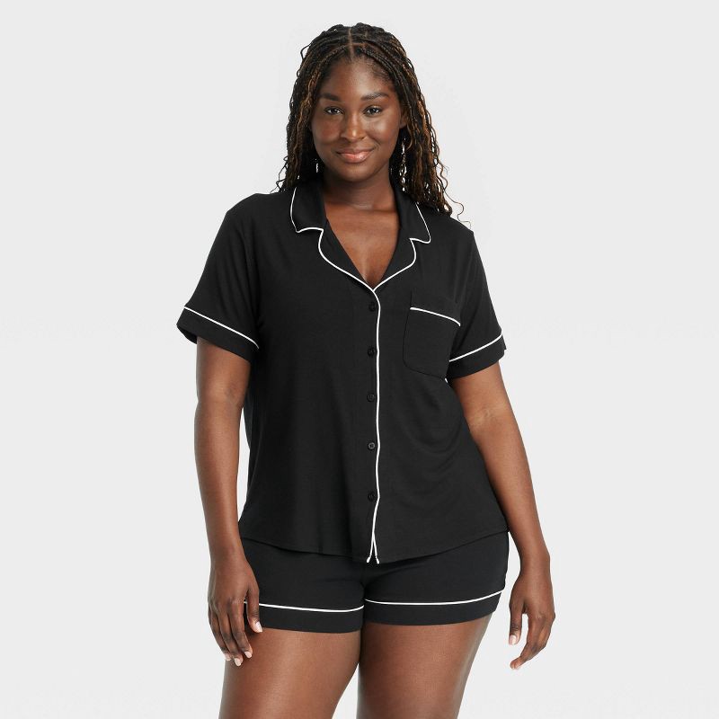 slide 4 of 5, Women's Cloud Knit Modal Short Sleeve Notch Collar Top and Shorts Pajama Set - Auden™ Black M: Modal-Spandex Blend, Elastic Waistband, 1 ct