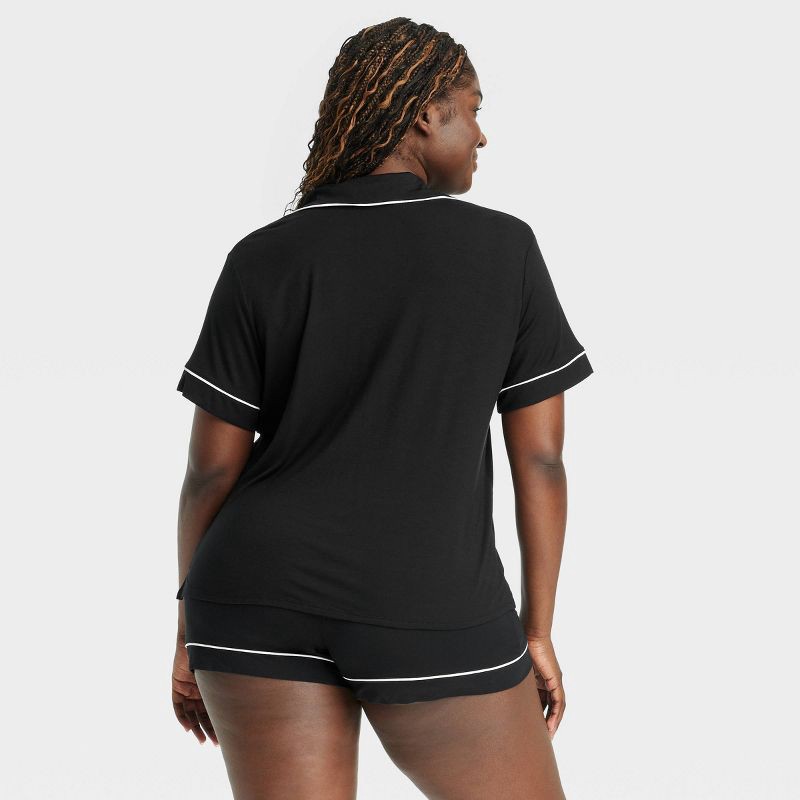 slide 5 of 5, Women's Cloud Knit Modal Short Sleeve Notch Collar Top and Shorts Pajama Set - Auden™ Black L: Modal-Spandex Blend, Elastic Waistband, 1 ct