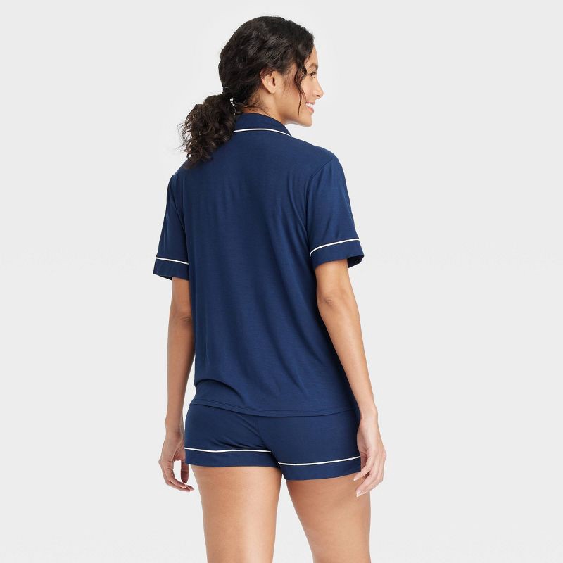 slide 2 of 5, Women's Cloud Knit Modal Short Sleeve Notch Collar Top and Shorts Pajama Set - Auden™ Navy Blue M: Modal & Spandex, Elastic Waistband, 1 ct
