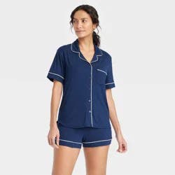 Women's Cloud Knit Modal Short Sleeve Notch Collar Top and Shorts Pajama Set - Auden™ Navy Blue L: Modal Spandex Blend