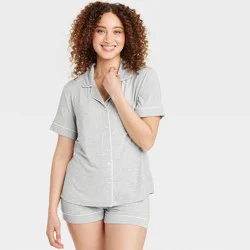 Women's Cloud Knit Modal Short Sleeve Notch Collar Top and Shorts Pajama Set - Auden™ Heathered Gray S: Modal Blend