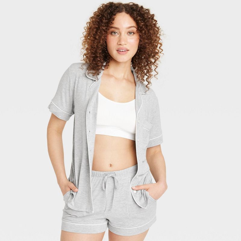 slide 3 of 5, Women's Cloud Knit Modal Short Sleeve Notch Collar Top and Shorts Pajama Set - Auden™ Heathered Gray L: Modal Blend, Elastic Waistband, 1 ct