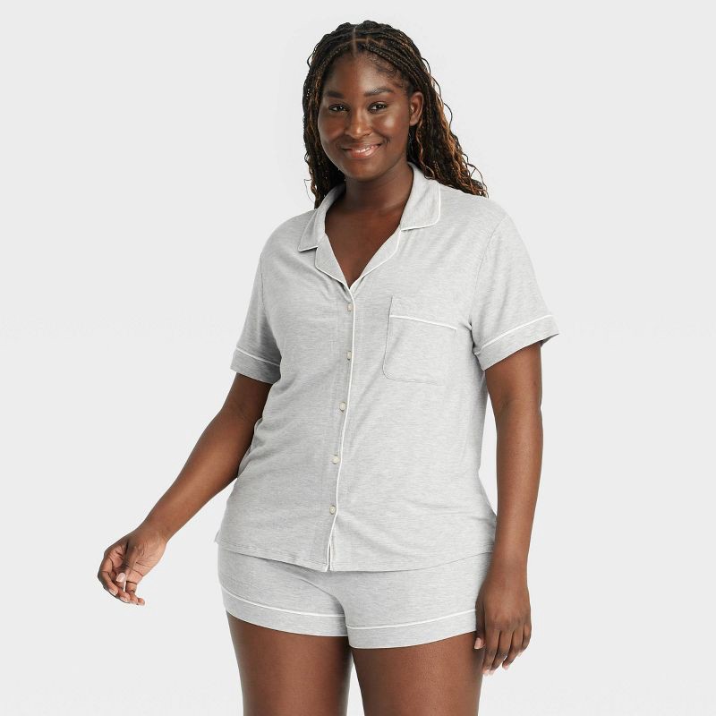 slide 4 of 5, Women's Cloud Knit Modal Short Sleeve Notch Collar Top and Shorts Pajama Set - Auden™ Heathered Gray L: Modal Blend, Elastic Waistband, 1 ct