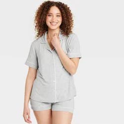 Women's Cloud Knit Modal Short Sleeve Notch Collar Top and Shorts Pajama Set - Auden™ Heathered Gray L: Modal Blend, Elastic Waistband