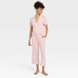 Women's Cloud Knit Modal Short Sleeve Notch Collar Top and Capri Pants Pajama Set - Auden™ Pink/Striped M: Modal-Spandex Blend