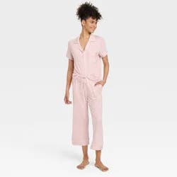 Women's Cloud Knit Short Sleeve Notch Collar Top and Capri Pants Pajama Set - Auden™ Pink/Striped XL: Modal Spandex Blend, Button Down