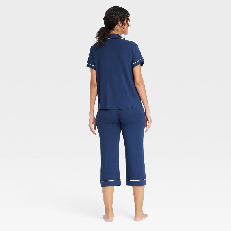slide 2 of 5, Women's Cloud Knit Short Sleeve Notch Collar Top and Capri Pants Pajama Set - Auden™ Navy Blue XS: Modal Spandex Blend, Button Down, 1 ct