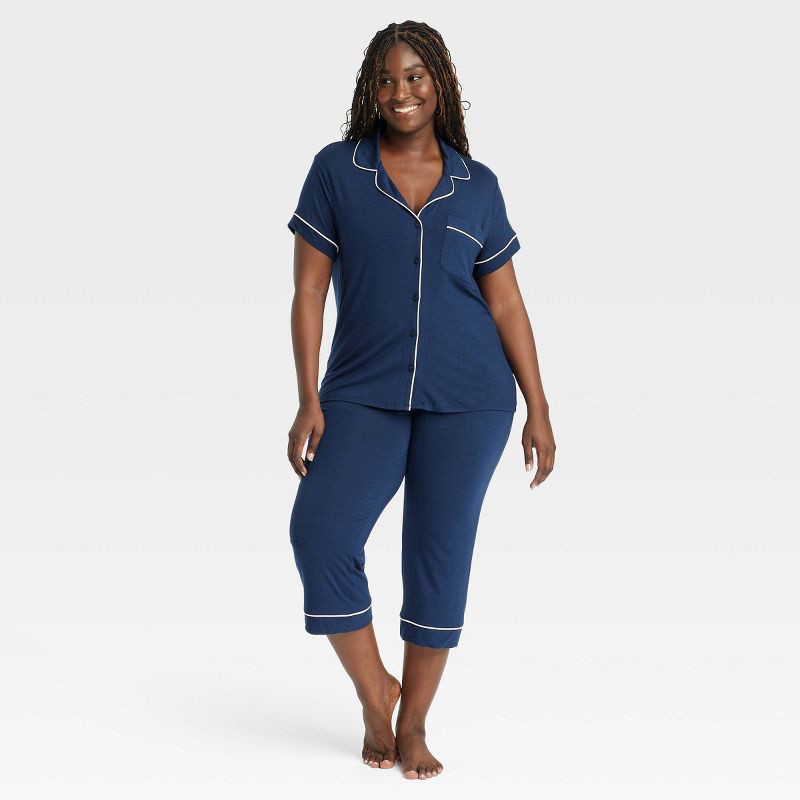 slide 4 of 5, Women's Cloud Knit Short Sleeve Notch Collar Top and Capri Pants Pajama Set - Auden™ Navy Blue XS: Modal Spandex Blend, Button Down, 1 ct