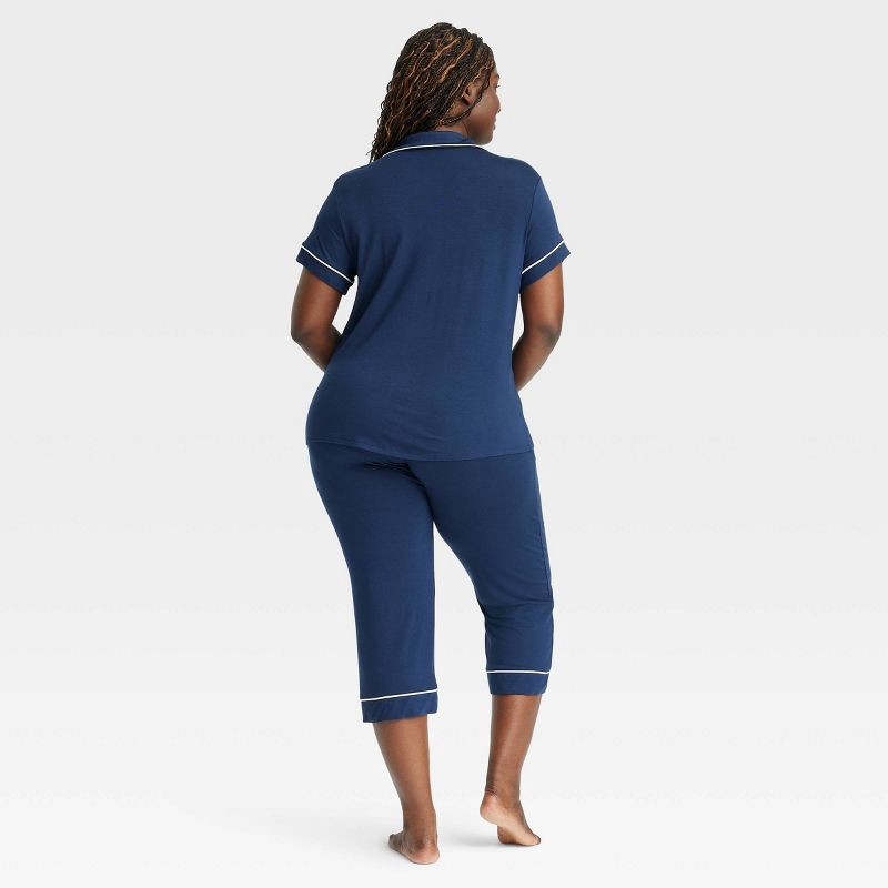 slide 5 of 5, Women's Cloud Knit Short Sleeve Notch Collar Top and Capri Pants Pajama Set - Auden™ Navy Blue XS: Modal Spandex Blend, Button Down, 1 ct