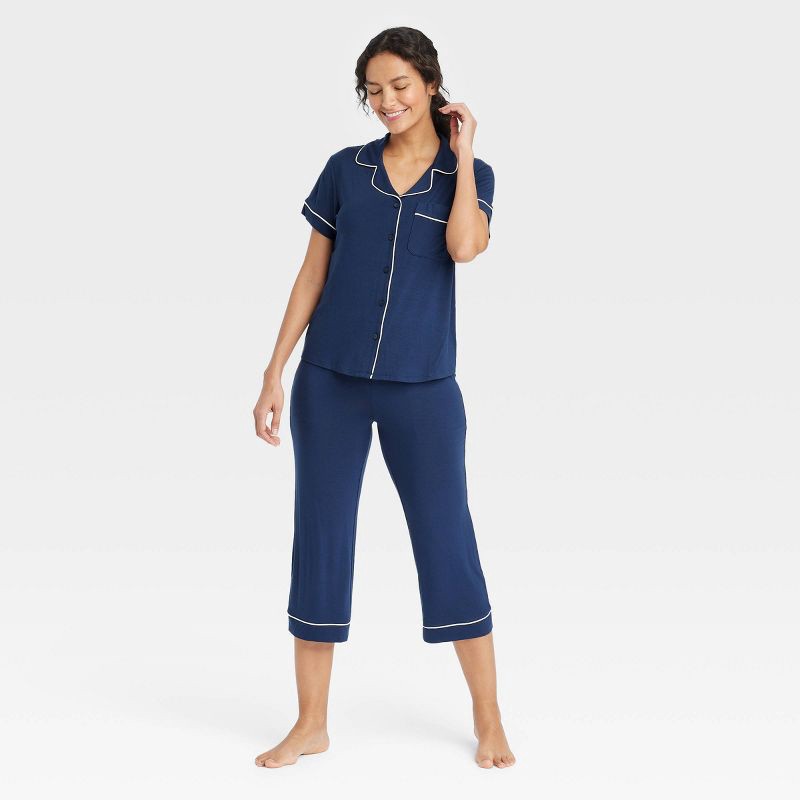 slide 1 of 5, Women's Cloud Knit Short Sleeve Notch Collar Top and Capri Pants Pajama Set - Auden™ Navy Blue XS: Modal Spandex Blend, Button Down, 1 ct