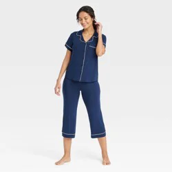 Women's Cloud Knit Short Sleeve Notch Collar Top and Capri Pants Pajama Set - Auden™ Navy Blue XS: Modal Spandex Blend, Button Down