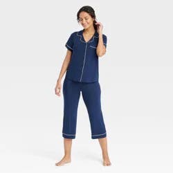 Women's Cloud Knit Short Sleeve Notch Collar Top and Capri Pants Pajama Set - Auden™ Navy Blue M: Modal Spandex Blend, Front Button Down
