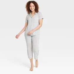 Women's Cloud Knit Modal Short Sleeve Notch Collar Top and Capri Pants Pajama Set - Auden™ Heathered Gray M: Modal-Spandex Blend
