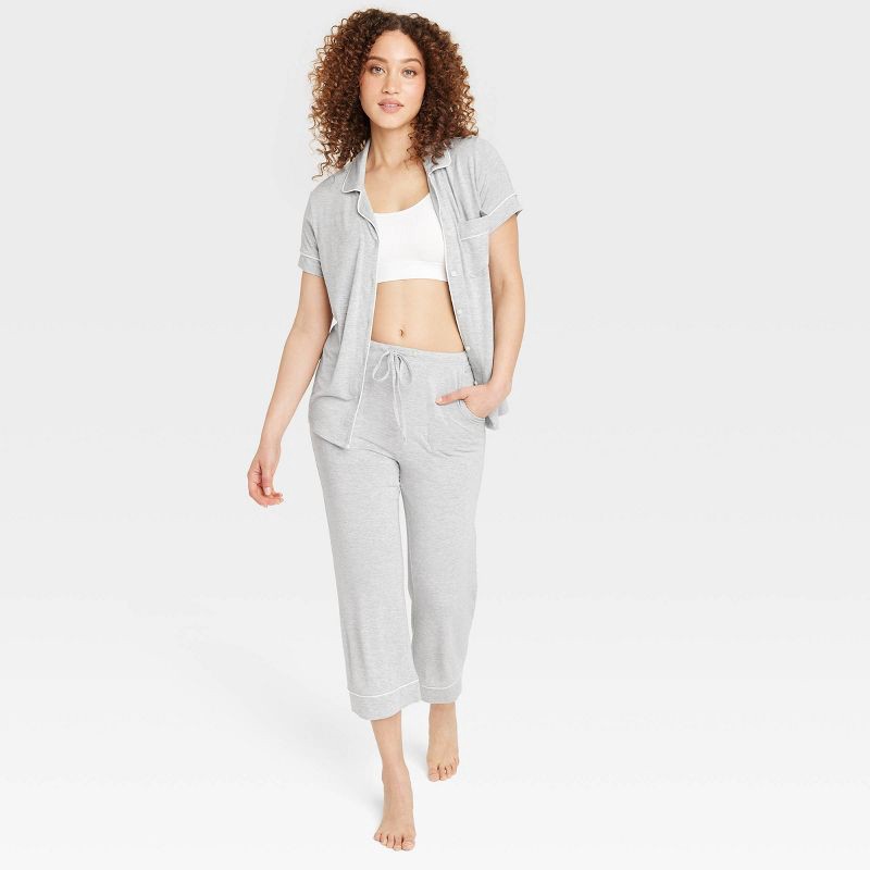 slide 3 of 6, Women's Cloud Knit Modal Short Sleeve Notch Collar Top and Capri Pants Pajama Set - Auden™ Heathered Gray XXL: Modal-Spandex Blend, 1 ct