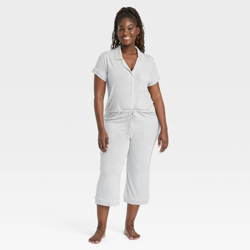 slide 4 of 6, Women's Cloud Knit Modal Short Sleeve Notch Collar Top and Capri Pants Pajama Set - Auden™ Heathered Gray XXL: Modal-Spandex Blend, 1 ct