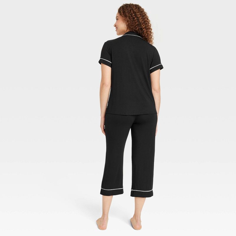 slide 2 of 5, Women's Cloud Knit Modal Short Sleeve Notch Collar Top and Cropped Pants Pajama Set - Auden™ Black S: Modal Spandex Blend, 1 ct