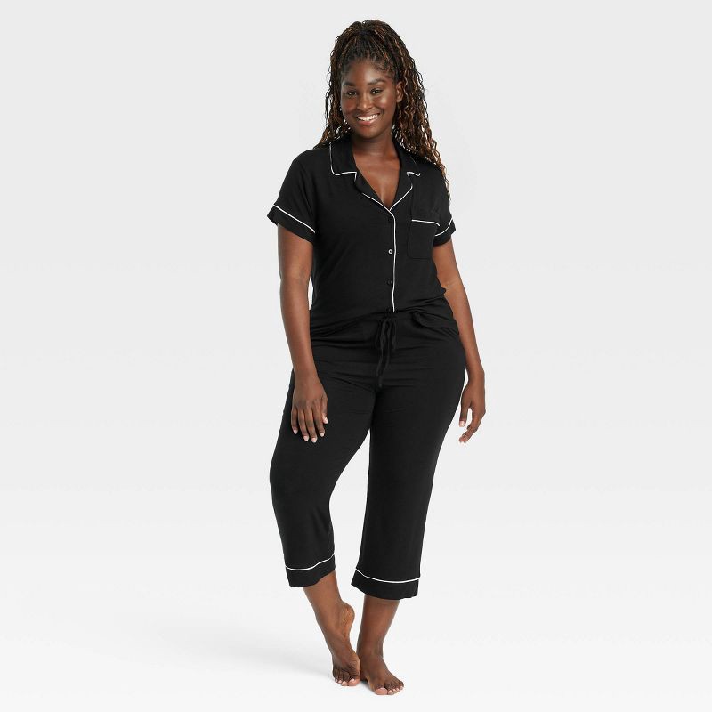 slide 4 of 5, Women's Cloud Knit Modal Short Sleeve Notch Collar Top and Cropped Pants Pajama Set - Auden™ Black S: Modal Spandex Blend, 1 ct