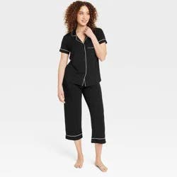 Women's Cloud Knit Modal Short Sleeve Notch Collar Top and Cropped Pants Pajama Set - Auden™ Black S: Modal Spandex Blend