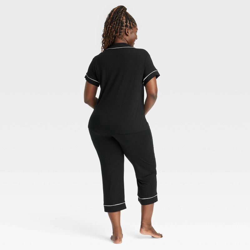 slide 5 of 5, Women's Cloud Knit Modal Short Sleeve Notch Collar Top and Cropped Pants Pajama Set - Auden™ Black M: Modal Spandex Blend, 1 ct