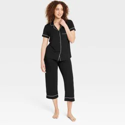 Women's Cloud Knit Modal Short Sleeve Notch Collar Top and Cropped Pants Pajama Set - Auden™ Black XL: Modal-Spandex Blend, Button Down