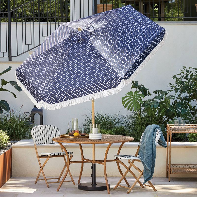 slide 2 of 6, 7.5' Quatrefoil Fringe Edge Outdoor Round Patio Market Umbrella Navy Blue with Faux Wood Pole - Threshold™, 1 ct