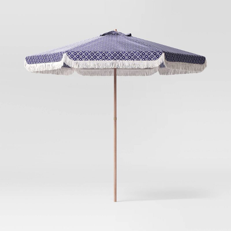 slide 1 of 6, 7.5' Quatrefoil Fringe Edge Outdoor Round Patio Market Umbrella Navy Blue with Faux Wood Pole - Threshold™, 1 ct