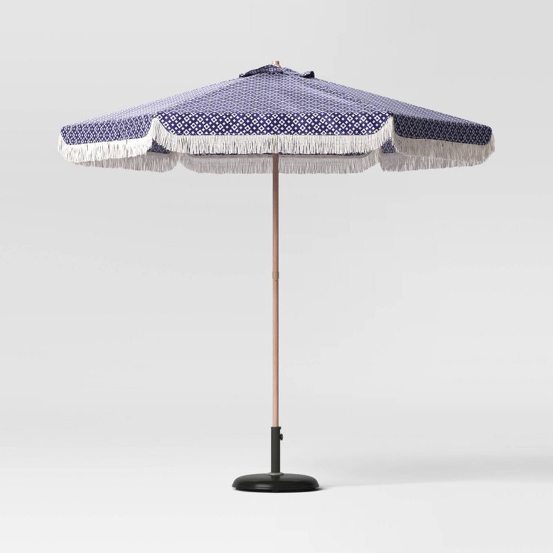slide 3 of 6, 7.5' Quatrefoil Fringe Edge Outdoor Round Patio Market Umbrella Navy Blue with Faux Wood Pole - Threshold™, 1 ct