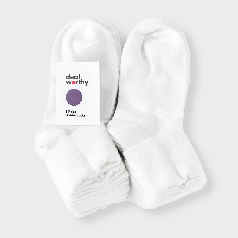 slide 2 of 3, Toddler 8pk Turn Cuff Socks - Dealworthy™ White 4T-5T: Lightweight Knit Ankle Socks, Machine Washable, Banded Cuff, 8 ct