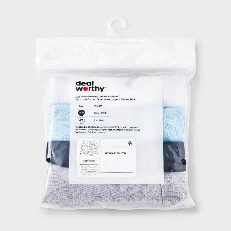 slide 3 of 3, Toddler Boys' 4pk Briefs - Dealworthy™ 4T: Cotton Blend, Recycled Polyester, Lightweight Knit, Pull-On Waist, Machine Washable, 4 ct