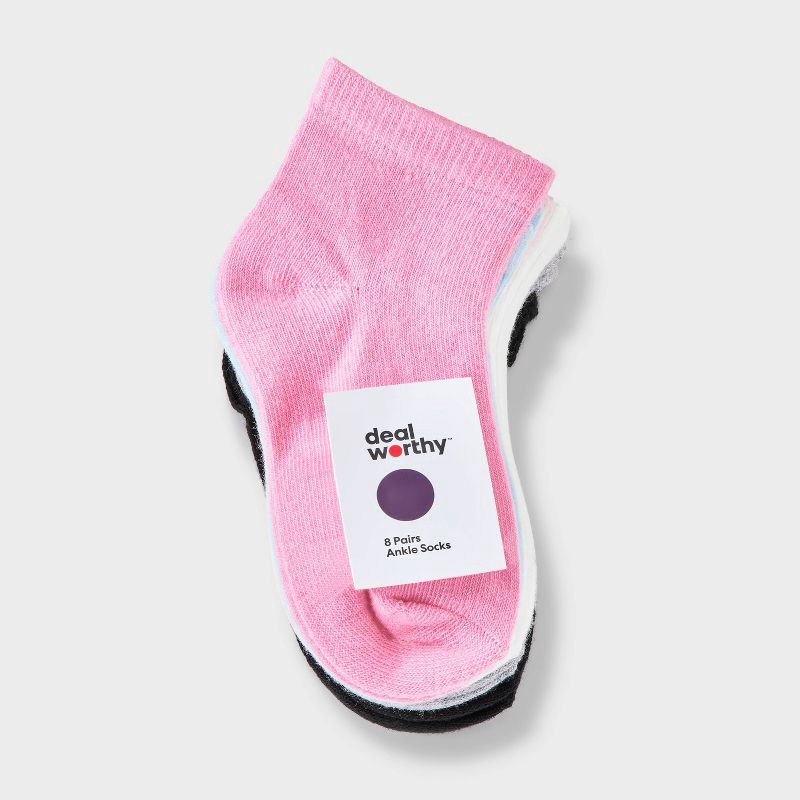 slide 2 of 3, Toddler 8pk Ankle Socks - Dealworthy™ Pink/Blue/Black 2T-3T: Lightweight Knit, Banded Cuff, Machine Washable, Tumble Dry, 8 ct