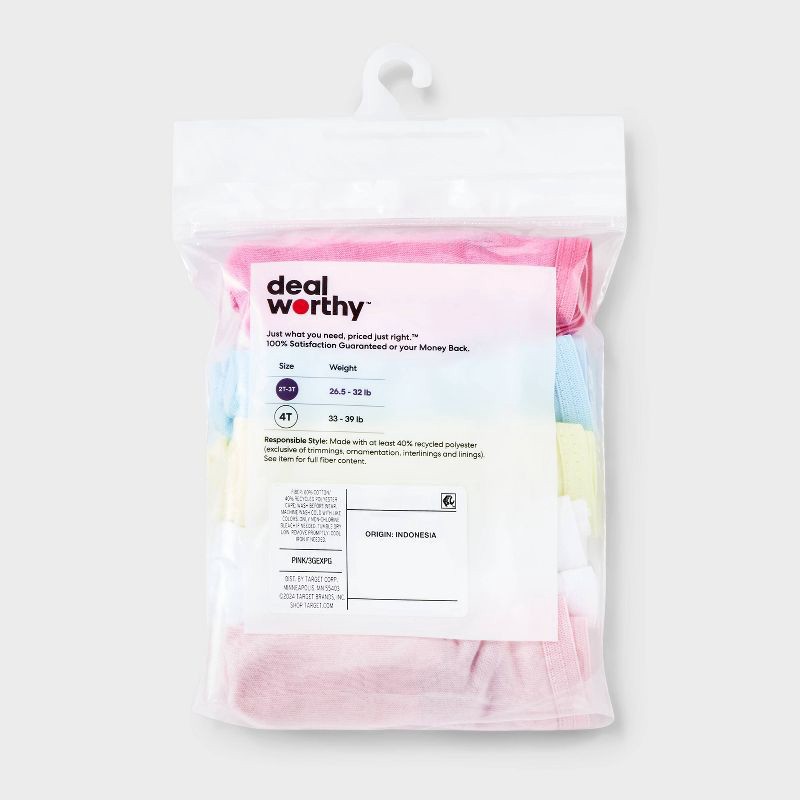 slide 3 of 3, Toddler Girls' 5pk Briefs - Dealworthy™ Pink 4T: Cotton Blend, Recycled Polyester, Low Rise, Pull-On Waist, Machine Washable, 5 ct