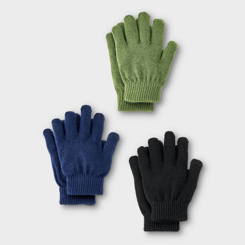 slide 1 of 3, Kids' 3pk Value Gloves - Cat & Jack™ Navy Blue/Black/Green, 3 ct
