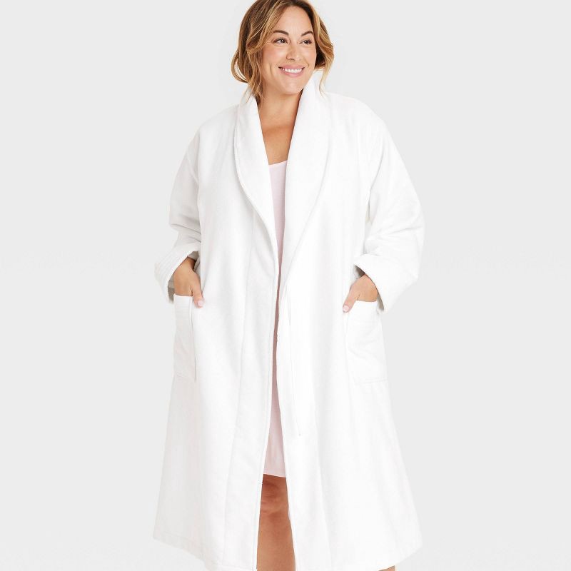 slide 3 of 3, Women's Terry Bath Robe - Auden™ White M/L: Heavyweight Shawl Collar, Long Sleeve, Easy Fit, Belt Loops, Machine Washable, 1 ct