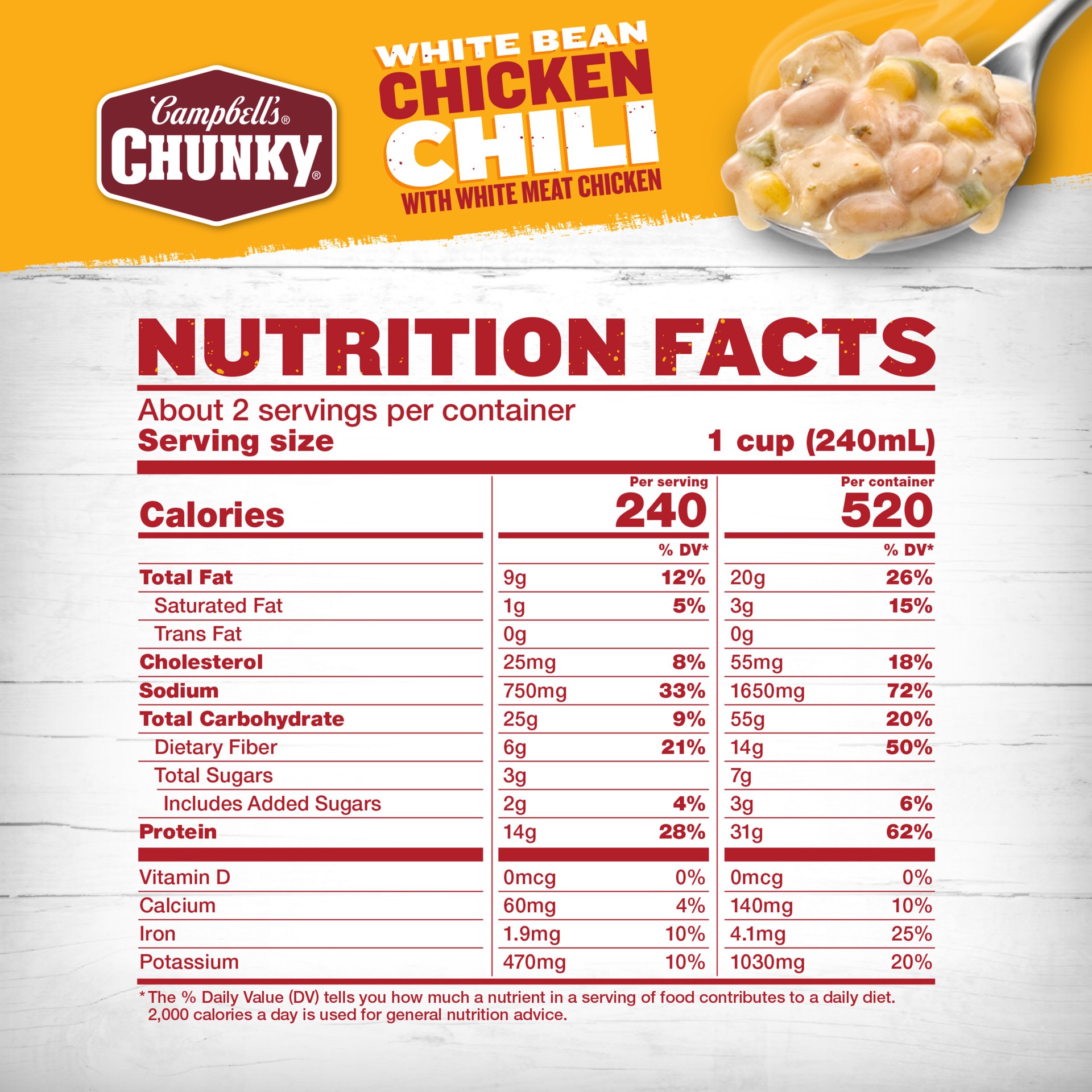 slide 6 of 8, Campbell's Campbell’s Chunky White Bean Chicken Chili, 19 oz Can, 19.000 oz