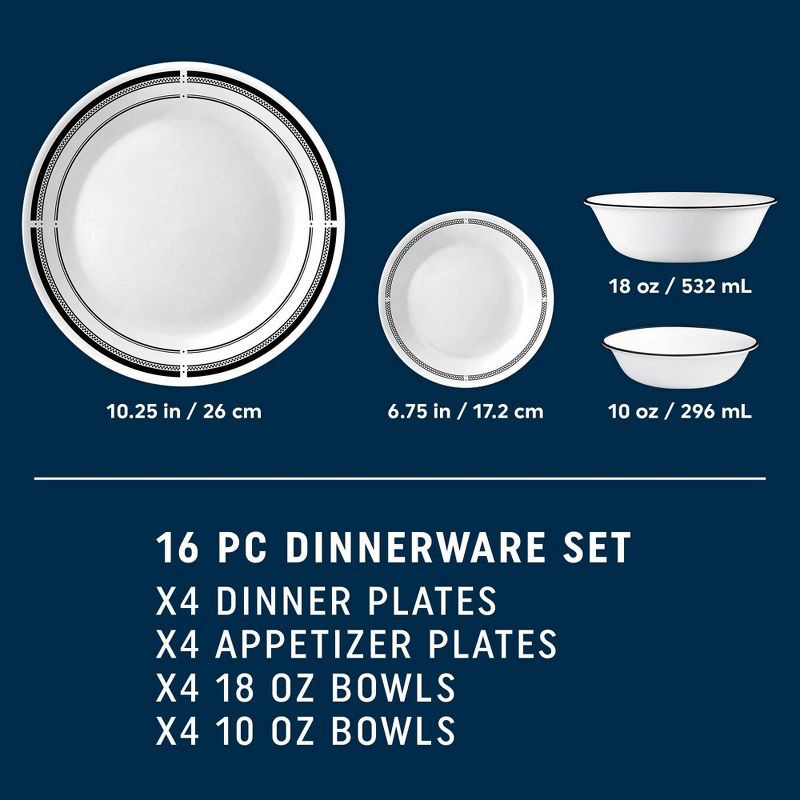 slide 2 of 9, Corelle 16pc Vitrelle Brasserie Dinnerware Set: Geometric Pattern, Service for 4, Includes Plates & Bowls, Dishwasher-Safe, 16 ct