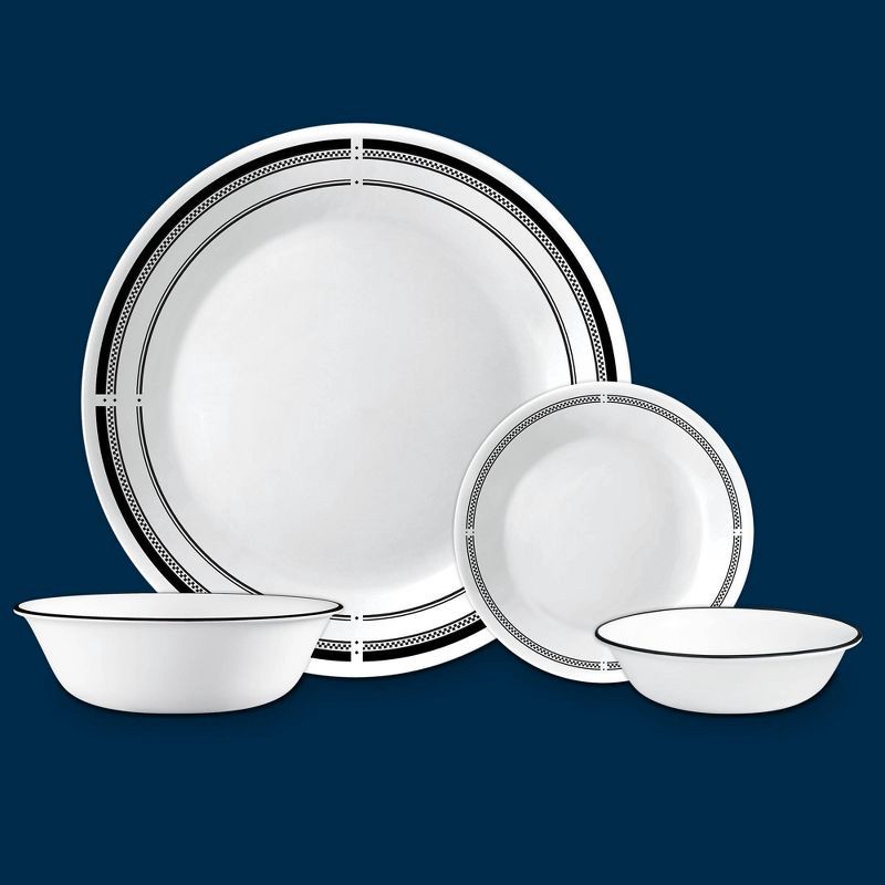 slide 6 of 9, Corelle 16pc Vitrelle Brasserie Dinnerware Set: Geometric Pattern, Service for 4, Includes Plates & Bowls, Dishwasher-Safe, 16 ct