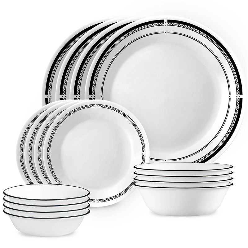 slide 1 of 9, Corelle 16pc Vitrelle Brasserie Dinnerware Set: Geometric Pattern, Service for 4, Includes Plates & Bowls, Dishwasher-Safe, 16 ct