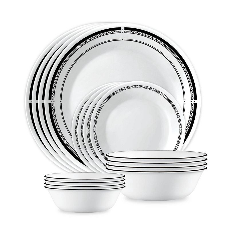 slide 1 of 9, Corelle 16pc Vitrelle Brasserie Dinnerware Set: Geometric Pattern, Service for 4, Includes Plates & Bowls, Dishwasher-Safe, 16 ct