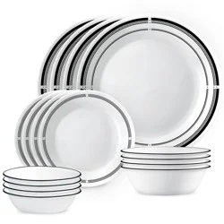 Corelle 16pc Vitrelle Brasserie Dinnerware Set: Geometric Pattern, Service for 4, Includes Plates & Bowls, Dishwasher-Safe