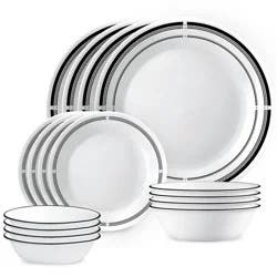Corelle 16pc Vitrelle Brasserie Dinnerware Set: Geometric Pattern, Service for 4, Includes Plates & Bowls, Dishwasher-Safe