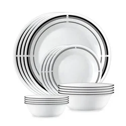 Corelle 16pc Vitrelle Brasserie Dinnerware Set: Geometric Pattern, Service for 4, Includes Plates & Bowls, Dishwasher-Safe